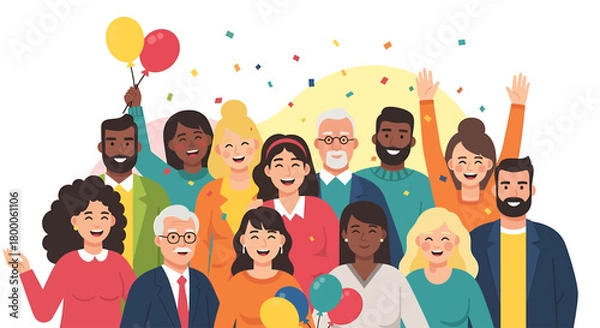 Obraz A joyful flat design illustration featuring a diverse group of people from various backgrounds, laughing and celebrating together. 