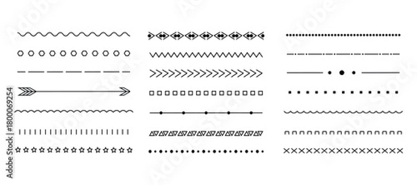 Obraz A set of varied graphic elements including dashed lines, dotted lines, solid lines, and arrow designs for use as dividers.