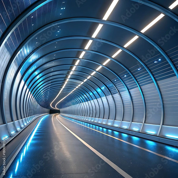 Fototapeta Futuristic tunnel design illuminated with neon lighting