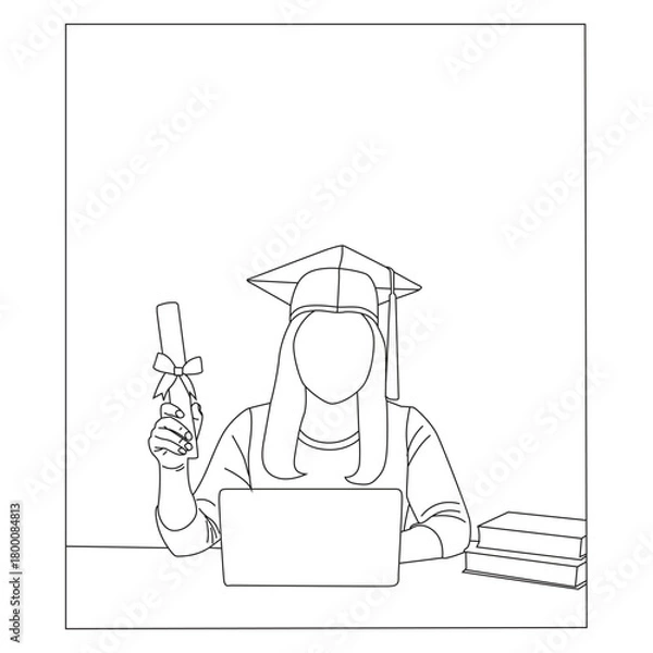 Fototapeta Graduation line art illustration, minimalist line art of a graduate wearing a cap,
Ideal for education, online learning, achievement, and academic success themes.