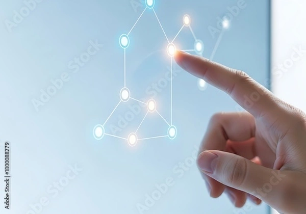 Fototapeta Closeup of a finger touching a glowing network of interconnected nodes on a futuristic digital interface, representing technology and data