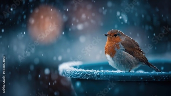 Obraz Beautiful European robin perched in the falling snow with magical bokeh background in winter