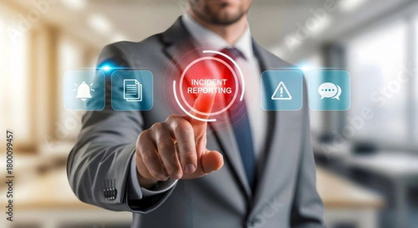 Fototapeta Professional businessman activating incident reporting system in modern office setting for enhanced safety and compliance with a touch of urgency and control