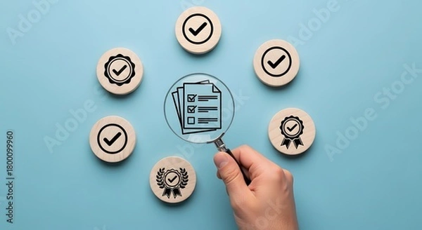 Fototapeta Hand holds magnifying glass over checklist, quality control and assurance for business success, auditing and compliance for best practices, perfection