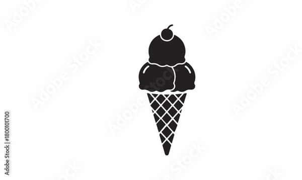 Fototapeta Black Silhouette Ice Cream Cone with Cherry, Waffle Texture Vector Icon