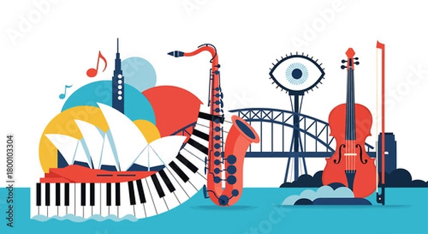 Obraz A creative flat design illustration depicting musical instruments fused with abstract representations of Sydney landmarks, symbolizing the artistic blend of music and place.