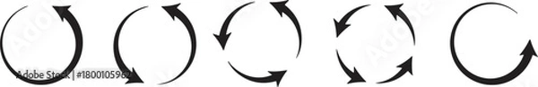 Fototapeta Flat vector illustration of circular arrow icons showing rotation, cycle process, refresh loop, continuous flow and recycling direction symbols for design