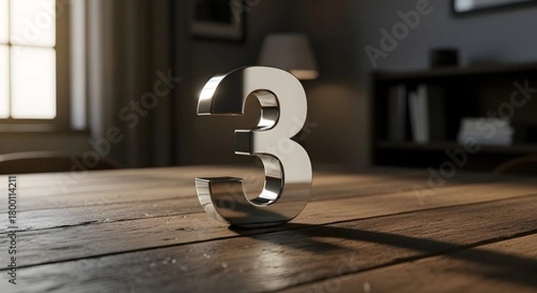 Fototapeta Polished chrome number three on rustic wood table, interior light, minimalist design, conceptual imagery