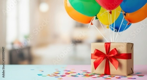 Fototapeta Birthday. Colorful balloons float above a beautifully wrapped gift box with a red ribbon, surrounded by confetti, creating a festive atmosphere for a joyful children's birthday celebration
