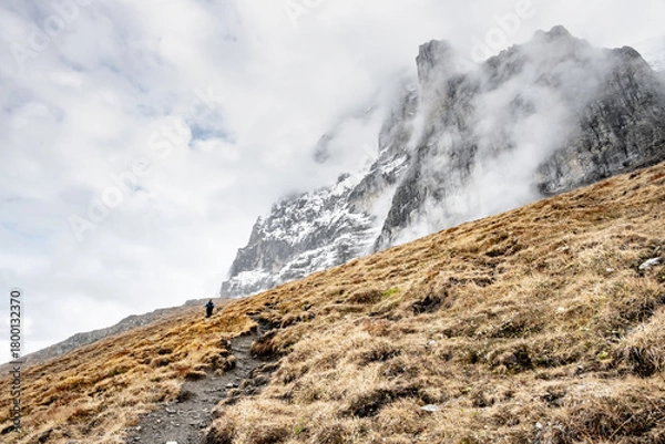 Fototapeta Hiker Climbs Uphill Toward The North Face Of The Eiger In Autumn