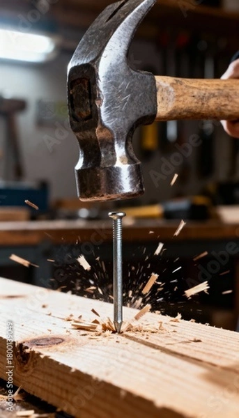 Obraz A hammer strikes a nail into wood, sending wood shavings flying, showcasing the power and precision of carpentry work.
