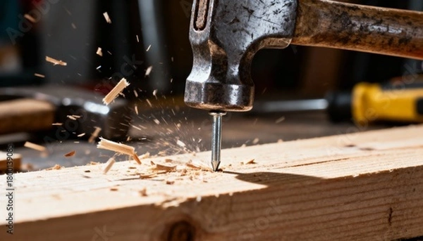 Obraz A close-up of a hammer striking a nail into wood, with wood shavings flying, showcasing the action and detail of carpentry work.