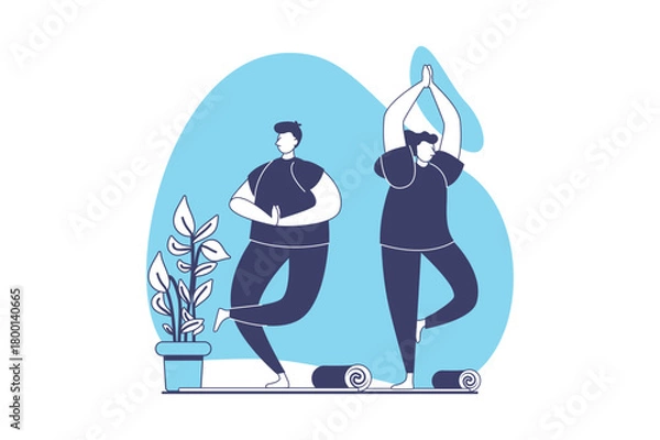 Obraz Yoga training web concept with flat people for website design. Woman and man doing yoga asanas at mats, practicing breathing exercises, balance positions in group at sport studio. Vector illustration.