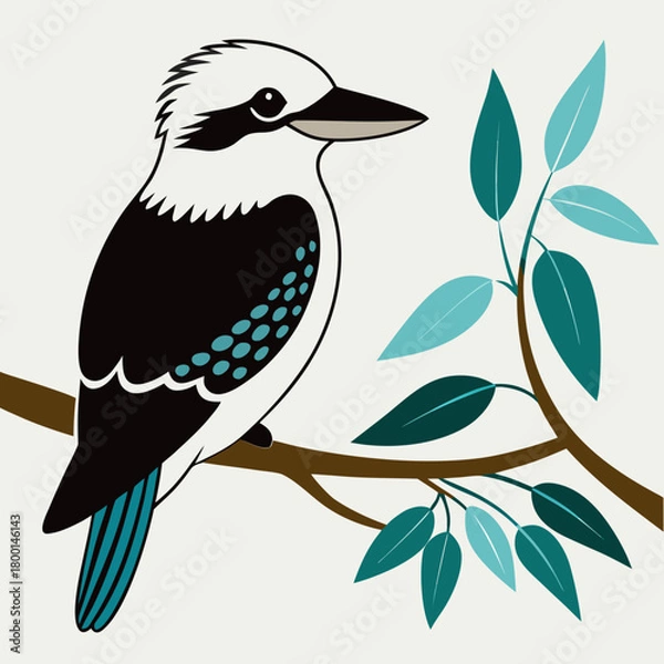 Fototapeta Stylized kookaburra bird perched on a branch with blue green leaves