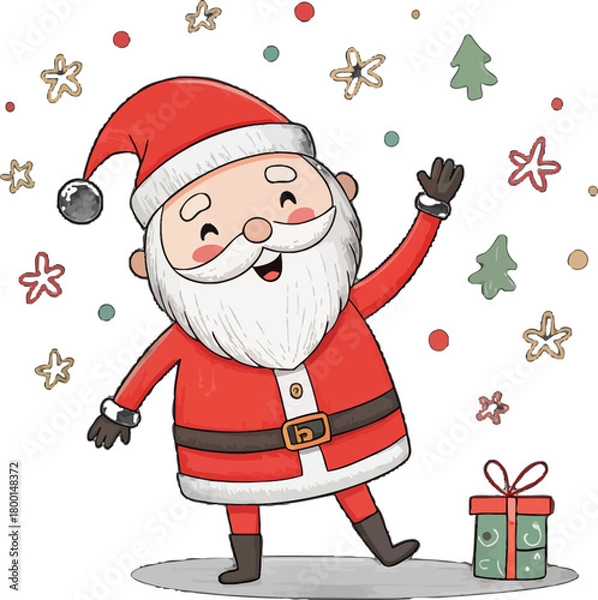 Fototapeta Happy Christmas holiday cartoon Santa Claus character with red hat, white beard, and a bag full of presents illustration, smiling in the snow