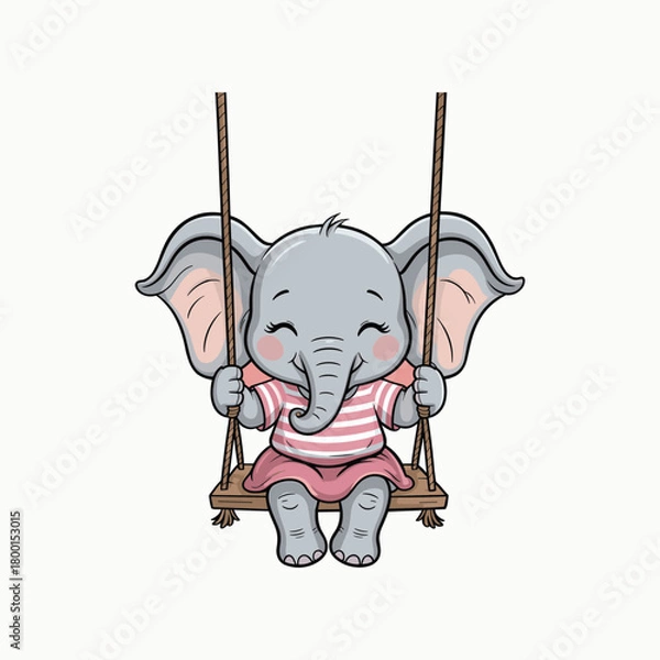 Fototapeta Cute cartoon baby elephant wearing pink striped shirt and skirt happily swinging on a wooden swing illustration