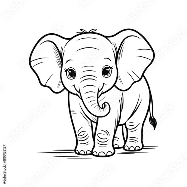 Fototapeta Cute cartoon baby elephant with big ears and a curled trunk standing on a white background with simple ground lines