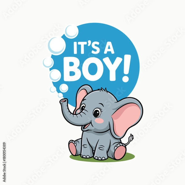 Fototapeta Cute cartoon baby elephant sitting on green grass with bubbles and text it's a boy illustration.
