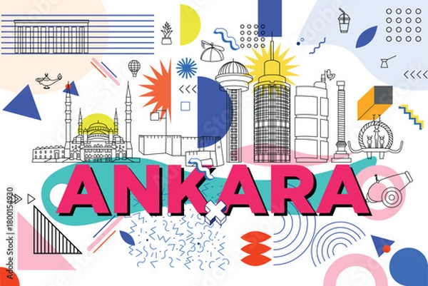 Fototapeta Typography word "Ankara" branding technology concept. Collection of flat vector web icons. Memphis culture travel set, famous architectures and specialties detailed silhouette. Turkish famous landmark