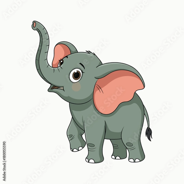Fototapeta Cute cartoon baby elephant with trunk raised and pink ears on white background animal