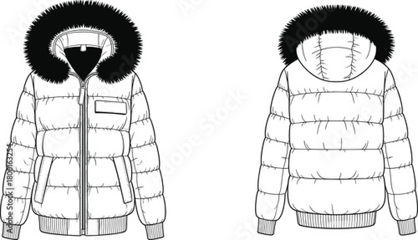 Fototapeta Flat vector illustration of winter padded jacket technical fashion sketch, hooded puffer coat front and back view, apparel design template outerwear