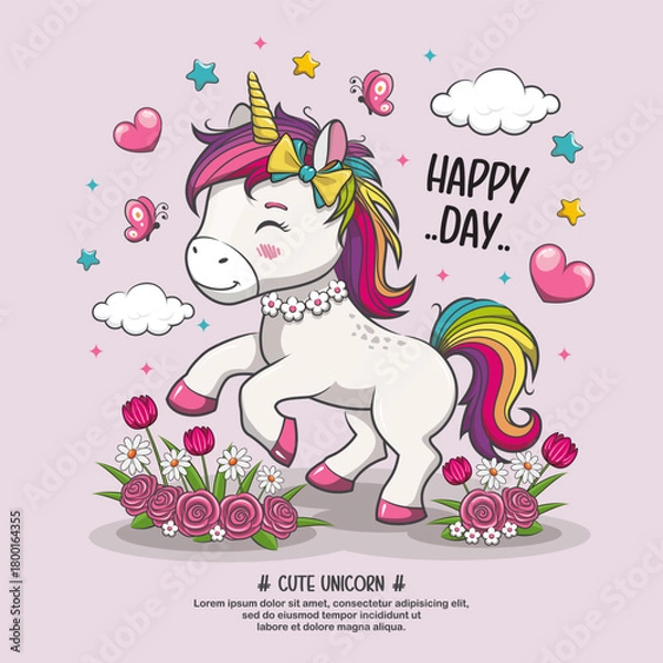 Obraz Little Horse Pony Rainbow Unicorn, Happy Day, Cute Vector Cartoon Illustration