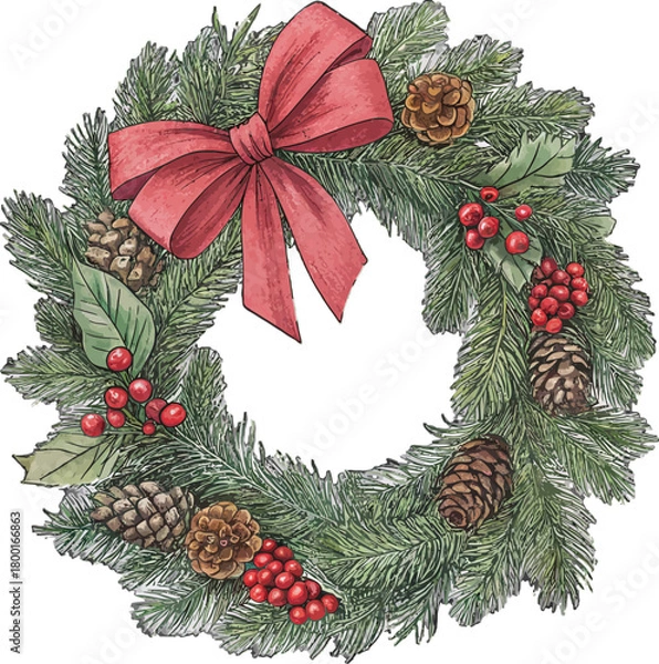 Fototapeta Christmas wreath decoration with red ribbon, holly berries, pine branches, and winter holiday illustration vector