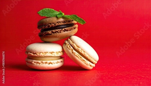 Obraz Colorful macaroons isolated on red background