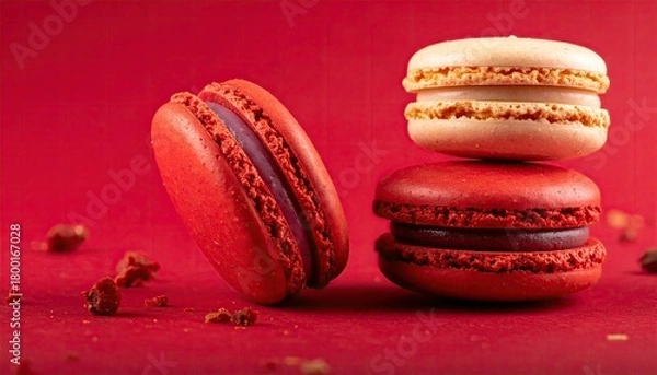 Obraz Colorful macaroons isolated on red background