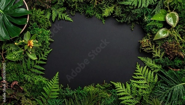 Obraz Green leaves frame on black background