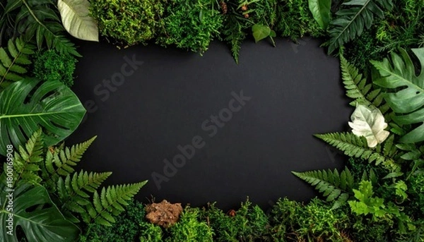 Obraz Green leaves frame on black background