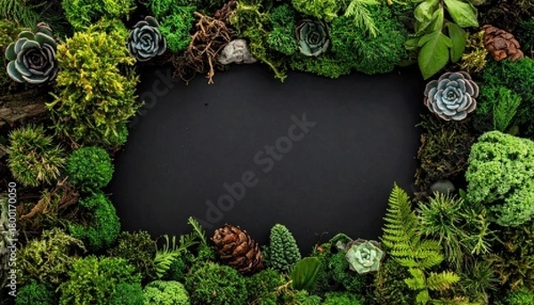 Obraz Green leaves frame on black background