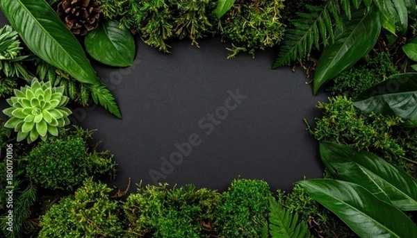 Obraz Green leaves frame on black background