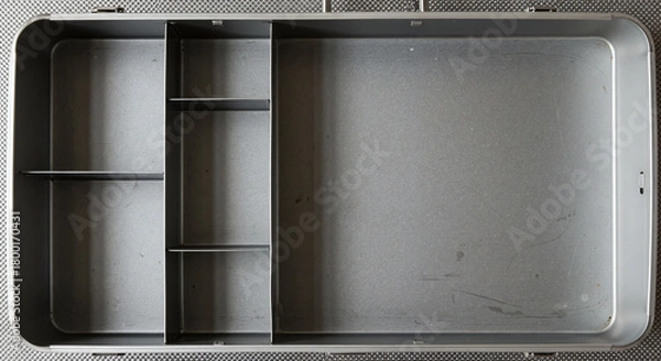 Fototapeta Empty first aid kit on gray background, storage container for medical supplies, copy space