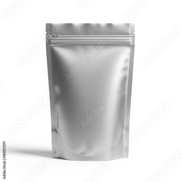 Fototapeta Shiny silver stand-up pouch with zipper on white background mockup