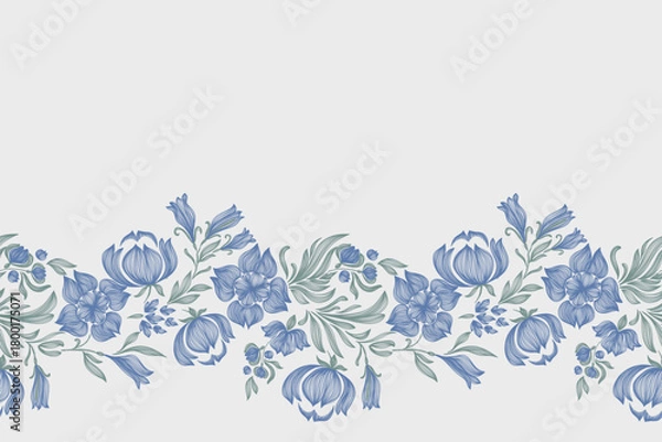 Fototapeta Vintage floral ethnic tapestry modern embroidery texture boho design vector illustration hand drawn silhouette indigo blue flower motif branches leaves wallpaper seamless background border.	
