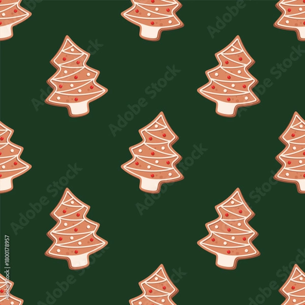 Obraz Seamless pattern with gingerbread cookie in form of Christmas tree decorated of sugar icing on a dark green background. Vector festive background.