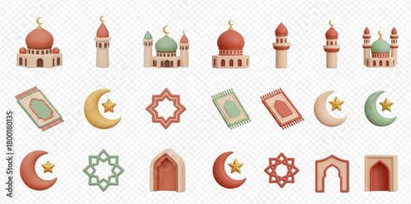 Obraz 3D rendered collection of Islamic religious symbols and architecture, including mosques, minarets, prayer mats, crescent moons with stars, geometric patterns, and archways.