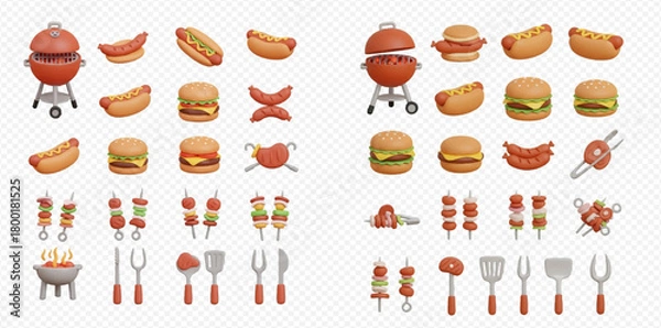 Obraz 3D rendered collection of barbecue food items and grilling tools, including hot dogs, burgers, skewers, sausages, and a charcoal grill.