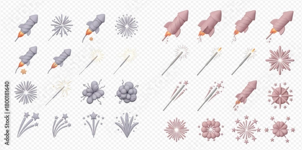 Obraz A collection of 3D rendered icons depicting various fireworks elements, including rockets, sparklers, explosions, and starbursts, in both grey and pink color schemes.