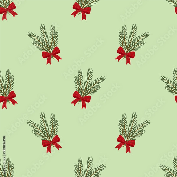 Obraz Seamless pattern with bouquets of green Christmas tree branches decorated with a red and green checkered bow on a light green background.