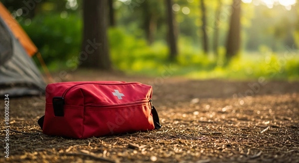 Fototapeta Empty first aid kit bag in red color placed on forest ground near camping tent, outdoor emergency storage, copy space