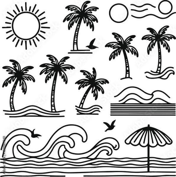 Obraz summer nature doodle pack, sun icons, palm trees, rolling waves, flying birds, beach umbrella, shoreline marks, minimalist black line art, clean simple strokes, unique non-repeat shapes, white backgro
