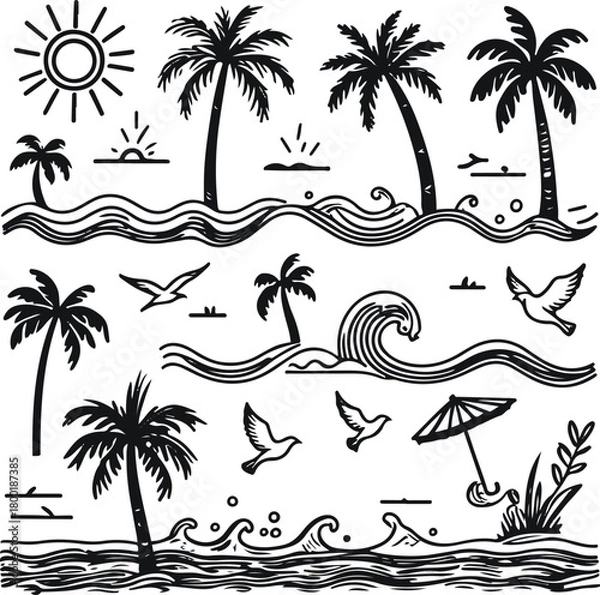 Obraz summer nature doodle pack, sun icons, palm trees, rolling waves, flying birds, beach umbrella, shoreline marks, minimalist black line art, clean simple strokes, unique non-repeat shapes, white backgro