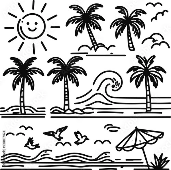 Obraz summer nature doodle pack, sun icons, palm trees, rolling waves, flying birds, beach umbrella, shoreline marks, minimalist black line art, clean simple strokes, unique non-repeat shapes, white backgro