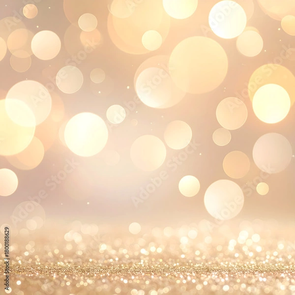 Fototapeta A soft bokeh background with golden and white circular lights. The scene conveys a festive atmosphere, perfect for New Year and Christmas celebrations.