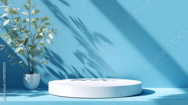 Fototapeta “Product display mockup on a white podium against a blue background, featuring plant shadow and sunlight.”