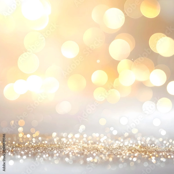 Fototapeta A blurred background with golden and white bokeh lights. Sparkling glitter creates a festive atmosphere, ideal for New Year and Christmas celebrations.
