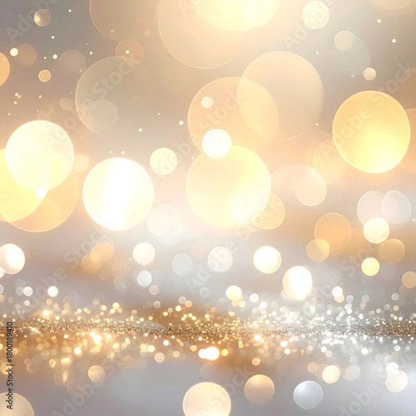 Fototapeta A blurred background with golden and silver bokeh lights. The scene conveys a festive atmosphere, ideal for New Year and Christmas celebrations.