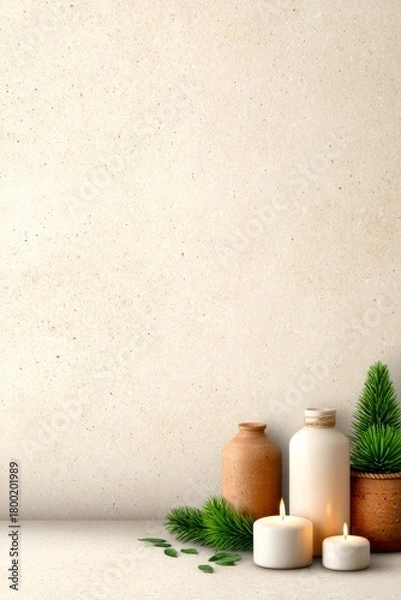 Obraz Minimalistic holiday still life with candles, ceramic vases and pine branches on a neutral background